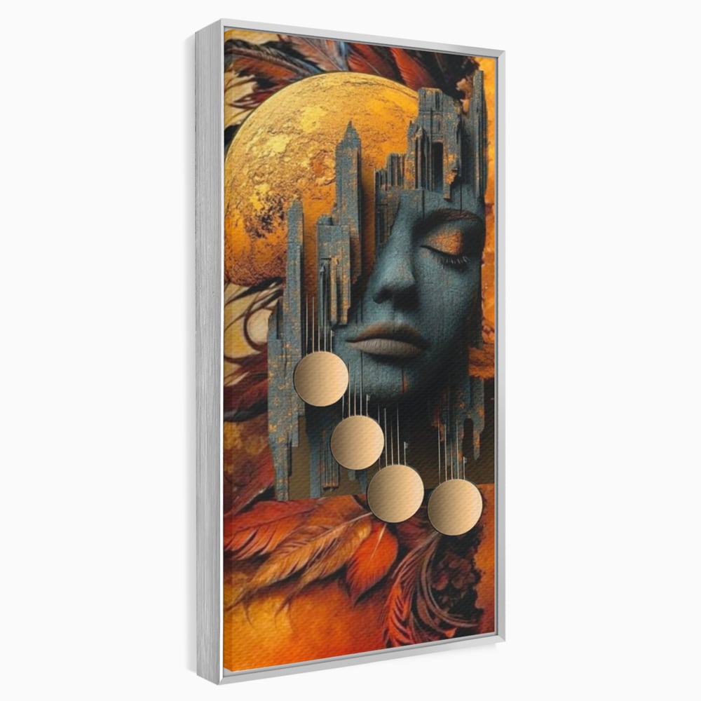 Tablou canvas cu tablou canvas cu chip de femeie si oras stilizat, in rama de aluminiu argintiu